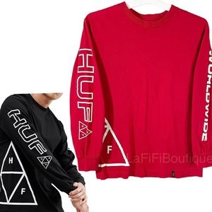 HUF Worldwide long sleeve cotton red t-shirt Size Small